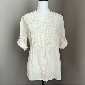 Sonoma Peasant Top Eyelet Lace Button Roll Tab Sleeve Ivory Cream M Boho Beach